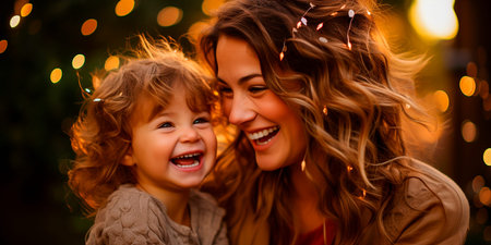 Capturing a moment of pure joy and laughter between mother and child. The mother's eyes shine, reflecting happiness. Both wear clean and soft clothing that reflects their lively nature.の素材
