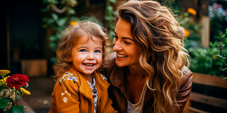 Capturing a moment of pure joy and laughter between mother and child. The mother's eyes shine, reflecting her happiness. Clean and soft clothing reflects their lively nature.の素材