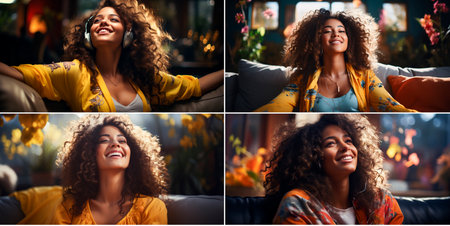 Imagine the joy of having all the time in the world to do whatever makes you happy. Scene: Smiling girl scrolling through a book or magazine on the sofa, a look of genuine enjoyment on her face.の素材