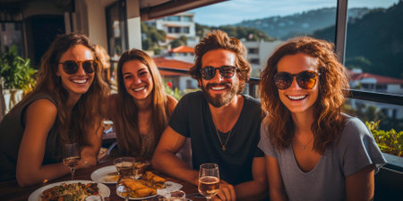 Friends who eat together, stay together! We gathered at a cozy table in our favorite restaurant, enjoying good food and even better company. Good Times With Good Friendsの素材