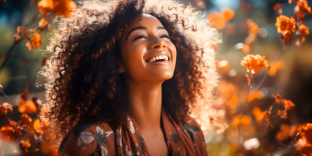 Woman Finding Freedom and Joy in Nature Black Girl Finding Fun and Happiness in Outdoors Mental Health Concept - Enjoying Fresh Air and Freedomの素材