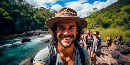 Tourist enjoying nature in a national park. Capturing memories with a selfie in front of a waterfall. Tourist lifestyle concept representing freedom and happiness.の素材