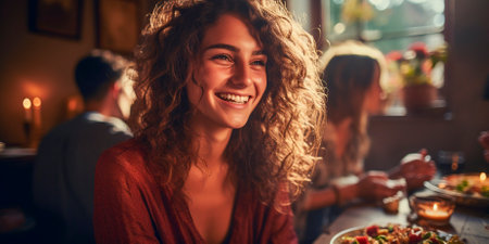 Friends enjoying delicious pasta dinner at home. Cheerful young people getting together for a meal. Celebrating Thanksgiving with a group of guys and girls. Lifestyle concept.の素材