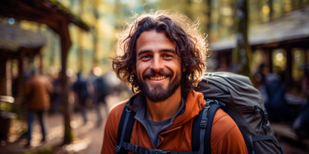 A travel blogger captured the beauty of nature by taking a selfie in the forest. A happy traveler documents his journey by taking self-portraits on the street. A smartphone is a convenient toolの素材