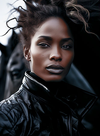 Combines elements of male and female figures in the style of Black Dogon art. Depicts the model and rider in an artistic representation. Reflects the cultural influence of the Dogon artistic traditionの素材