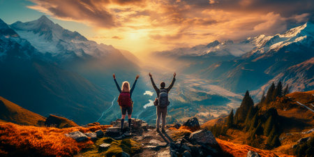 An adventure activity that combines hiking and backpacking. Experience the thrill of reaching new heights and conquering mountains. achieving a triumphant leap to the top.の素材