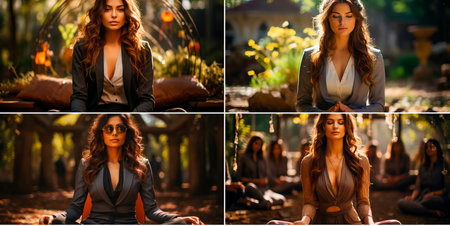 Collage of beautiful young women in the park. Selective focus.の素材