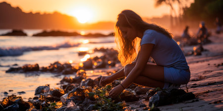 Environmental volunteers to gather up trash on the beach. Activists work together to protect the environment and reduce ocean pollution. Focus on protecting the environmentの素材