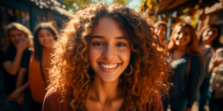 A group of young people from different cultures and backgrounds. They smile and enjoy a sunny day outdoors, taking selfies together on a smartphone.の素材