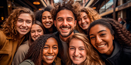 Friends capturing moments of happiness and friendship. Multicultural group enjoying a sunny day outdoors. Selfie taken with a smartphone to capture a joyful moment.の素材
