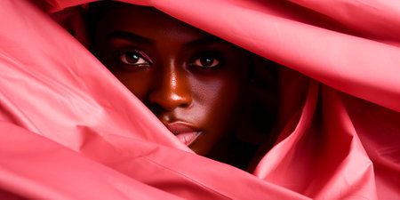 The contrasting colors of black and pink create a striking visual effect. The pink fabric tearing through femininity symbolizes empowerment and breaking social norms.の素材