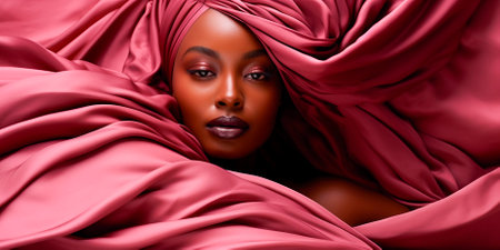 The contrasting colors of black and pink create a visually vibrant look. A woman on a pink background represents femininity and strength. Torn pink fabric symbolizes liberation from society.の素材