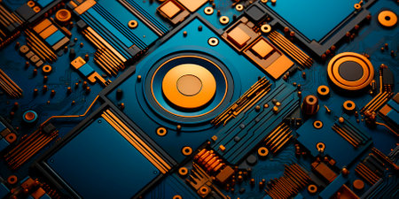 A photograph showing the intricate details of a motherboard in vibrant colors. The dark blue and deep azure color scheme adds a touch of sophistication. Realistic compositionsの素材