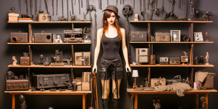 Unique works of art depicting women with weapons. Monochrome canvases and shapes add a modern touch. Design creates a unique aesthetic. Use of rubber books and briefcasesの素材