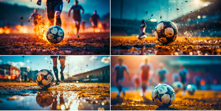 A professional athlete demonstrates his skills at a football stadium. An athlete trains and improves his performance on the street. Fitness and sports inspirationの素材