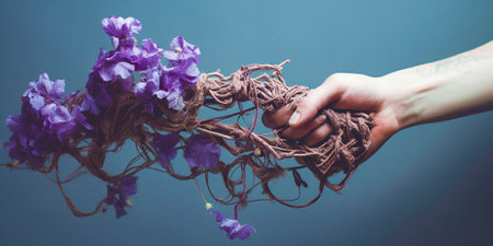 The design uses a floral theme with purple flowers. The image shows hands holding flowers. Evokes feelings of beauty, nature and serenity.の素材