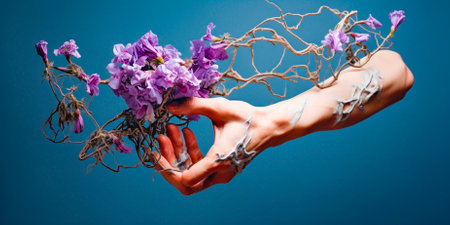 Aesthetic design with purple flowers as the focal point. Hands symbolize care and concern. Brings a sense of beauty and tranquility to any space or product.の素材