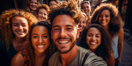 A group of diverse young people spending time together outdoors. Happy friends recording memories using selfie on smartphone. Lifestyle concept showing friendship and fun on a sunny day.の素材