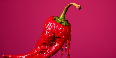 Installation style artwork featuring a red chili pepper with seeds. Surreal and eye-catching design. Includes optical illusion body art techniques. The pink surface gives the piece an unexpected twistの素材