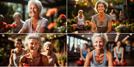 Older women can stay active and fit through group exercise classes. The exercises are specifically designed to improve balance and coordination. Workout in a beautiful outdoor gardenの素材