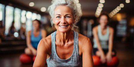 Group training for athletic older women in the garden. Focus on exercises that improve arm and knee balance. Promotes a healthy lifestyle for mature women through outdoor physical activity.の素材
