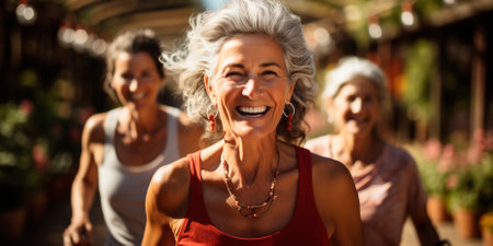 Group training for athletic older women. Outdoor activities in the garden. Emphasis on balance between hands and knees. Promotion of healthy lifestyles.の素材