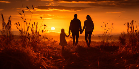 Depicts a happy family having a good time outdoors. Reflects the concepts of family, love and mental health. Represents a happy lifestyle and the importance of spending time together.の素材