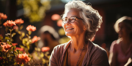 Group training for athletic older women in the garden. Focus on exercises that improve arm and knee balance. Promotes a healthy lifestyle for mature women through outdoor physical activity.の素材