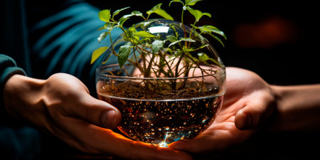 Using green technologies to achieve sustainable development goals. Robot hand symbolizing the use of technology in environmental protection. Small plants symbolizing environmental sustainabilityの素材