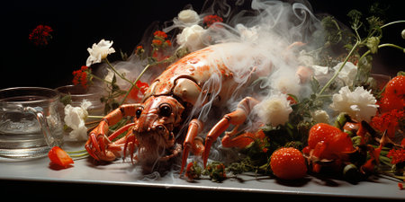 Seafood dishes with a unique and creative twist. Intricate works of art with fantastical elements and realistic details. A creepy but fascinating presentation of seafood dishes.の素材