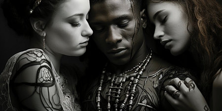 Photo project with the participation of three girls and an African man. Focus on black and white intimacy style. Manipulated photography techniques are used. Includes organic inspired body art.の素材