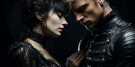 Portrait of a passionate couple in leather clothes on a black backgroundの素材