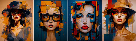 Collage of 4 photos. A cartoon icon of a woman with a suitcase behind her back. Symbolizes travel, adventure and exploration. Great for blogs, travel sites or social media profiles.の素材