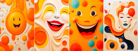 Collage of 4 photos. An animated emoticon made of orange and red circles. Unique and eye-catching design. A creative way to express emotions or messages through visuals.の素材