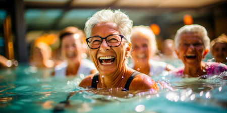 Stay active and healthy in retirement. Build friendships and camaraderie with other older women. Water aerobics classes are a fun and effective workout for older adults.の素材