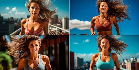 Collage of 4 photos. Female athlete in action during an intense workout. Running in the air with concentration and determination. Demonstration of strength, agility and athleticism.の素材