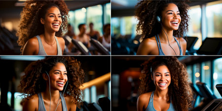 Collage of 4 photos. Stay motivated with cardio exercise on an exercise bike Improve your health and well-being with regular exercise. Enjoy a convenient workout option at home or at the gymの素材