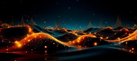 Unique abstract wavy line graphics in dark brown and orange style. Includes molecular dot work and multi-layer mesh elements. Ideal for adding dynamism and modernity to designs.の素材