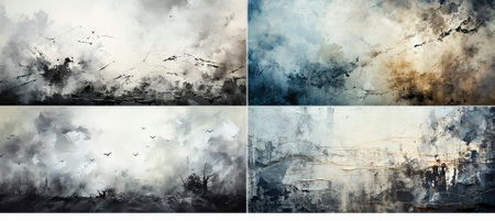 Collage of 4 photos. Abstract grungy light gray wall background. An artistic depiction of the destruction and restoration by nature of man-made structures. Contrast between organic debris elementsの素材