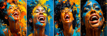 Collage of portraits of beautiful African American woman with multicolored paint splashesの素材