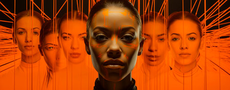 Multifaceted portraits in pointillism style on an orange background. Cyberpunk imagery incorporated into the artwork. The human form, reimagined in a unique way.の素材