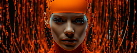 Creative and artistic design on orange background. Pointillist portraits and cyberpunk images create a unique visual experience. The reimagined human form adds depth and complexity to a work of artの素材
