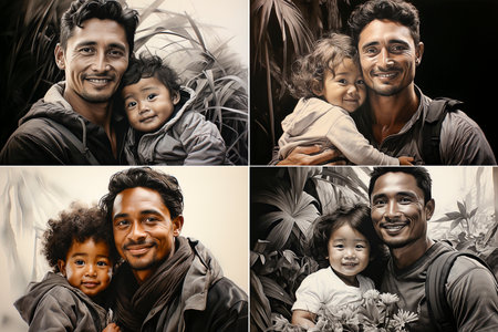 collage of 4 photos. Detailed black and white illustration of an Asian man holding a child. An emotional and touching portrayal of fatherhood. Capturing the bond between parent and childの素材