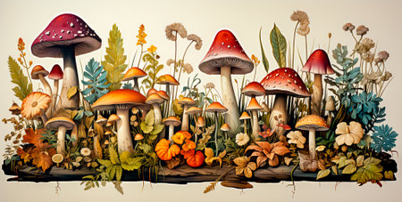 A collection of vintage drawings showing a variety of mushrooms. High quality images for artistic and educational purposes. Unique and rare illustrations of various types of mushrooms.の素材