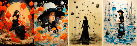 collage of 4 photos. Splendor and elegance in every color. A series of paintings with a woman in a black dress invites you into the world of sophisticated avant-garde. inspiration styleの素材