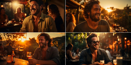 collage of 4 photos. Fun and relaxed atmosphere. Laughter and a good time with friends. Enjoy evening drinks and a relaxed party atmosphere.の素材