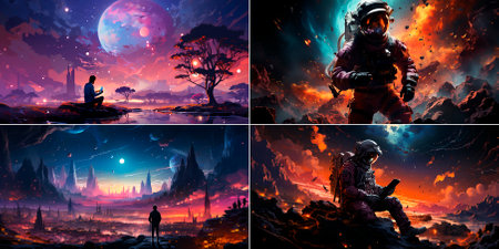 collage of 4 photos. Create AI-generated images of astronauts using cell phones in space. Explore the possibilities of generative art with themes of space and technology.の素材