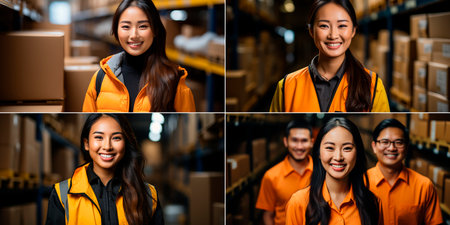 collage of 4 photos. Optimize inventory management for smooth operations. efficiency of delivery and logistics processes. Utilize warehouse space through strategic placement of shelving.の素材