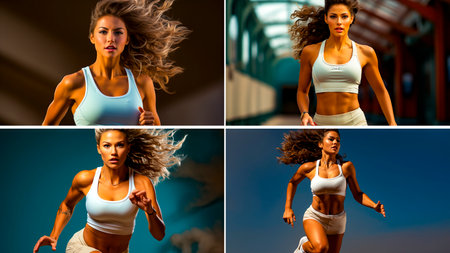 collage of 4 photos. White shorts and a tank for a clean, minimalist look. High-speed photo sync for a dynamic feel. The vintage aesthetic adds a unique touch to the overall look.の素材