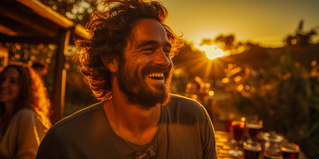 Fun and laughter with friends at an informal party. Enjoying evening drinks and wine. Capture a moment of genuine happiness and camaraderie.の素材